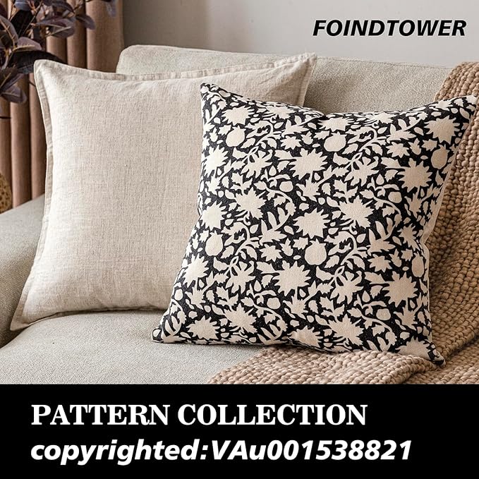 Foindtower Set of 2 Decorative Neutral Floral Throw Pillow Covers Accent Farmhouse Cushion Covers Boho Vintage Pillowcase for Couch Sofa Bedroom Living Room Home Decor22×22 Inch,Black