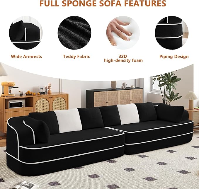 135" Modular Sectional Couch, 4-Seater with Throw Pillows Modern Teddy Fabric Foam Boneless Sofa for Living Room, Oversized with Deep Seat, No Assembly Required,Black