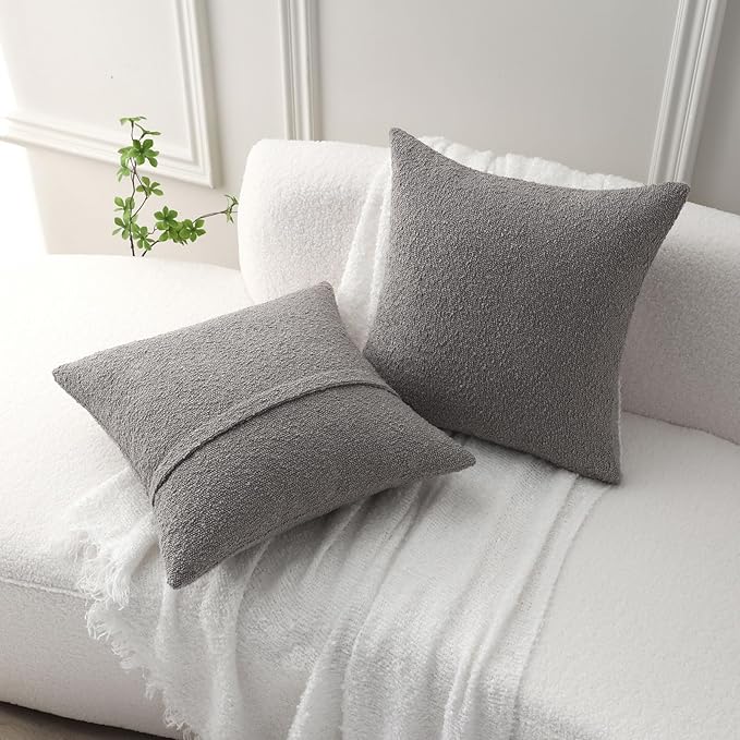 FUTEI Pack of 2 Light Grey Decorative Throw Pillow Covers 16x16 Inch Soft Cozy Solid Boucle Textured Cushion Case,Modern Home Decor for Couch Bed Living Room