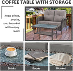 HUMMUH Outdoor Loveseat Sofa 2-Seat PE Wicker Outdoor Couch with Coffee Table,Deep Seat High Back Outdoor Patio Furniture for Patio,Garden,Porch,Deck(Grey)