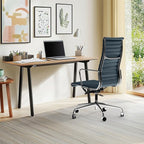 Ribbed Office Chair with Top Grain Leather - High Back Ergonomic Desk Chair with Aluminum Arm Rest and 5-Star Base, Swivel Chair Dark Blue