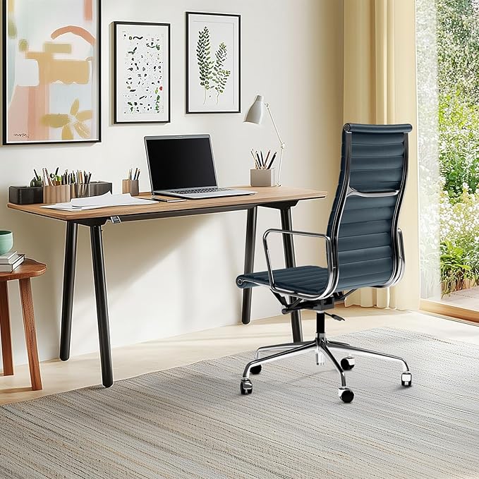 Ribbed Office Chair with Top Grain Leather - High Back Ergonomic Desk Chair with Aluminum Arm Rest and 5-Star Base, Swivel Chair Dark Blue