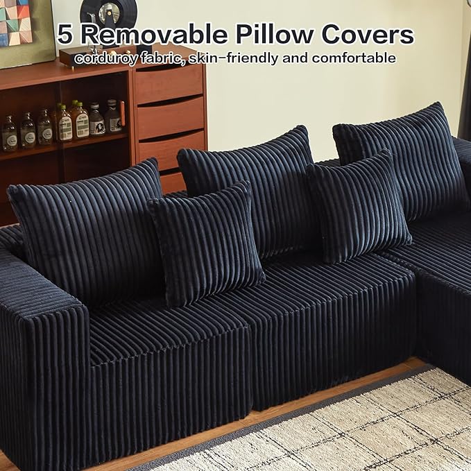 101" Boneless Couches for Living Room, Cloud Couch Sectional with Oversized Chaise, Modular Sectional Sofa Memory Foam Couch in a Box, Fluffy Corduroy Sofa for Living Room (Black)