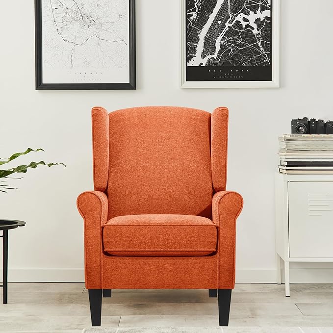 Accent Chair for Living Room, Vintage Orange Fabric Bedroom Corner Seats, Elegant English Armchairs with High Back, Modern Living Room Reading Wing Chair, Sillones para Sala