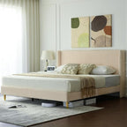 PINJU King Size Bed Frame, Upholstered Platform Bed with Modern Vertical Striped Wingback Headboard with Wooden Slats, Easy to Assemble No Noise Free (Beige, King (U.S. Standard))