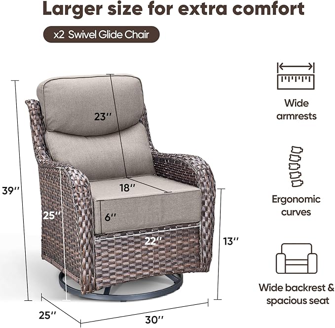 Swivel Patio Chairs Set of 2 with 6" Thick Cushion - Wicker Outdoor Swivel Rocker Patio Chairs, High Back Comfortable Outdoor Glider Chairs 360° Rotation Glider Brown Wicker-Grey Cushion