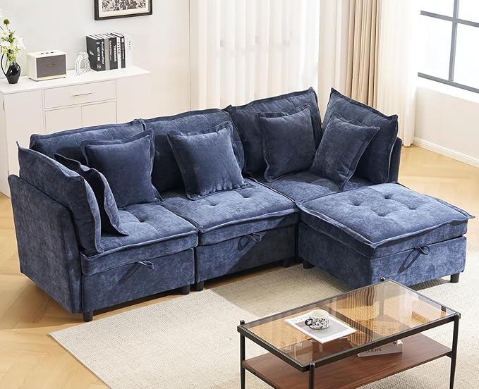103" Modular Sectional Sofa, L-Shaped Corduroy Comfy Sectional Couches for Living Room, 3-Seater Cloud Couches with 1 Ottoman, Modern Deep Seat Sofa with Large Storage, Blue