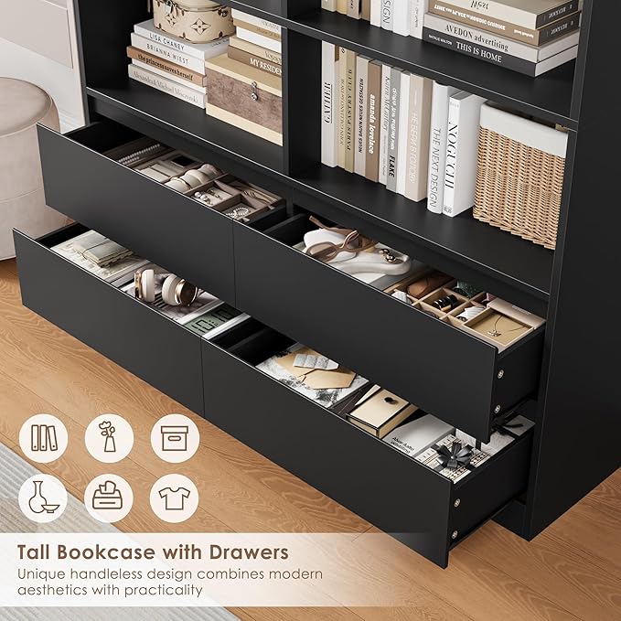 FINETONES 71" Black Bookshelf with Drawers, 47.3" Double Wide Bookshelves and Bookcases with Storage, Tall Bookshelf Large Open Book Shelf Standing Book Case for Home Office, Black