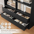 FINETONES 71" Black Bookshelf with Drawers, 47.3" Double Wide Bookshelves and Bookcases with Storage, Tall Bookshelf Large Open Book Shelf Standing Book Case for Home Office, Black