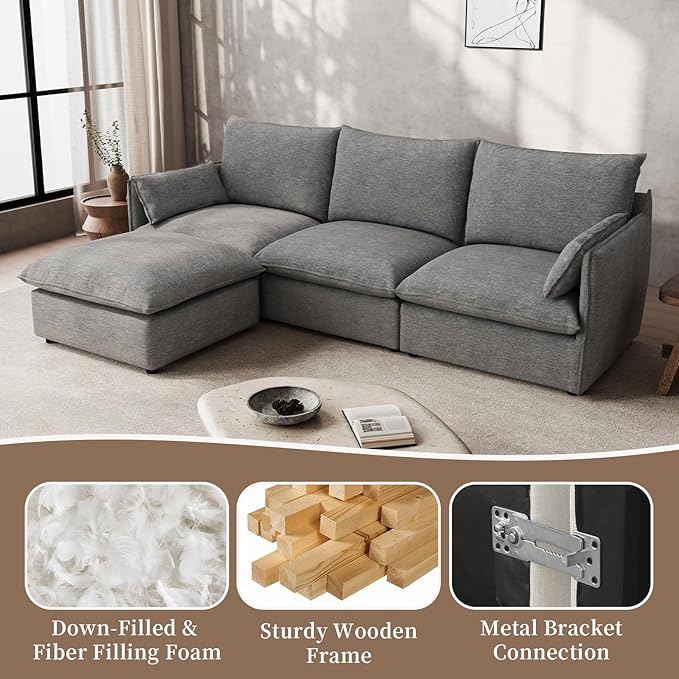Ottoman,Down Fill Comfort Footrest,Down Filled Spill & Stain-Resistant Cloud Couch,L Shape U Shape Cloud Modular Sectional Sofa for Living Room,Apartment,Office,Dark Grey