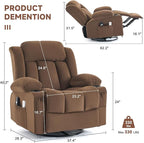 Power Swivel Rocker Recliner Chair with Heat and Massage, USB and Type-C Charging Port, Electric Glider Rocking Chairs, Oversized Recliner Chairs for Adults(Fabric, Brown)