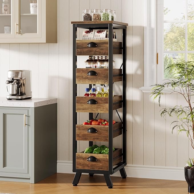 Tribesigns Wood Fruit and Vegetable Storage Rack, 5-Tier Narrow Snack Stand Kitchen Stand Fruit Basket, Pull-Out Utility Organizer for Kitchen, Living Room, Rustic Brown