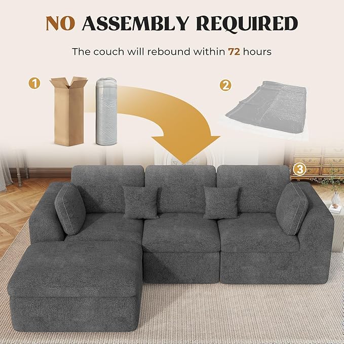 115" Cloud Boneless Sectional Couch, Deep Seat L Shaped Modular Couch with Ottoman, Oversized Upholstered Convertible 4 Seater Modular Sofa for Living Room,DarkGary Chenille