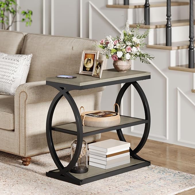 Tribesigns End Table, Narrow 3-Tier End Table for Living Room, Industrial Wooden Side Table with Metal Frame, Small Bedside Nightstand for Bedroom, Small Spaces, Grey