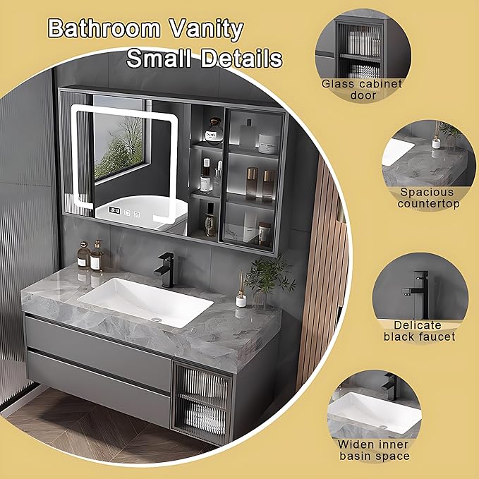 White 36IN Modern Bathroom Vanity - Wall-Mounted Bathroom Storage Cabinet & Bathroom Vanity with Sink, Bathroom Medicine Cabinet Wall Mounted, Defogging & Led Lighting | Bathroom Cabinet Slim