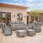 Swivel Patio Chairs sofa Set of 9 with 6" Thick Cushion - Wicker Outdoor Swivel Rocker Patio Chair ,Sofa/Glass coffee table, High Back Comfortable Outdoor Glider Chairs - Grey Wicker | Grey Cushions