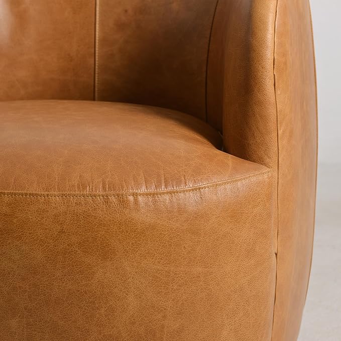 KINWELL 100% Top Grain Genuine Leather Swivel Barrel Armchair No Assembly Modern Upholstered Leather Swivel Accent Chairs with Toss Pillow for Living Room Office Lounge, Camel