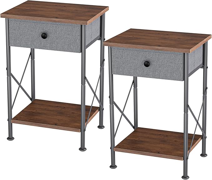 VECELO End Tables, Modern Nightstand with Fabric Drawer & Open Shelf, Night Stand for Bedroom Living Room, Industrial Metal Frame, Easy Assembly, Retro Brown,2 Pack