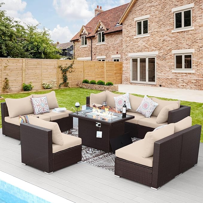 NICESOUL 9 Piece Modern Extra-Large Outdoor Patio Sectionals with Fire Pit Table Natural Gas & Propane, 29.3'' High Back Comfortable Conversations for Outside, Deep Seating Modular Sofa Couches, Tan