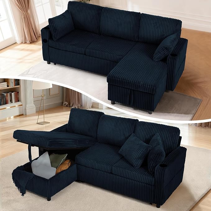 84" Corduroy Pull Out Sofa Bed w/Adjustable Backrests, Sectional L-Shape Sleeper Sofa w/Storage Chaise, Convertible Couch Bed w/USB Charging Port & Cup Holders for Living Room, House, Blue