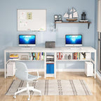 Tribesigns Two Person Desk with Bookshelf, 78.7 Computer Office Double Desk for Two Person, Rustic Writing Desk Workstation with Shelf for Home Office (White)