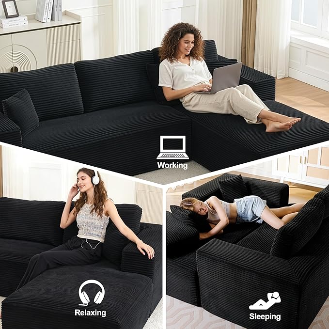 L-Shape Cloud Modular Sectional Sofa Couch,Modern Boneless Sectional Couch with Deep Seat,Upholstered Couches for Living Room Bedroom,No Assembly Required,Black