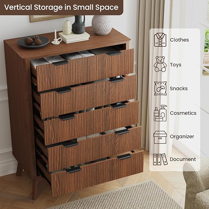 Fluted 5 Drawer Dresser, Tall Dresser with Deep Drawers, Wood Chest of Drawers for Bedroom, Modern Tall Chest Storage Organizer, Natural Finish for Hallway, Entryway, Living Room (Walnut)