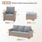 Patio Furniture Set 5 pcs, Wicker Rattan Outdoor Furniture with 5.5” Thick Cushions, 3-Seat Sofa, 2 Chairs and 2 Ottomans, Outdoor Conversation Set for Garden Backyard Deck, 7 Seats Grey