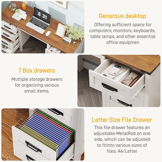 Vabches Farmhouse 60.6” Executive Desk with 7 Drawers, Computer Desk with File Drawer for Hanging Files A4, Workstation for Home Office, Study.Unique White