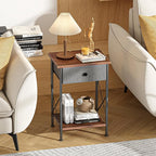 VECELO End Tables, Modern Nightstand with Fabric Drawer & Open Shelf, Night Stand for Bedroom Living Room, Industrial Metal Frame, Easy Assembly, Retro Brown,2 Pack
