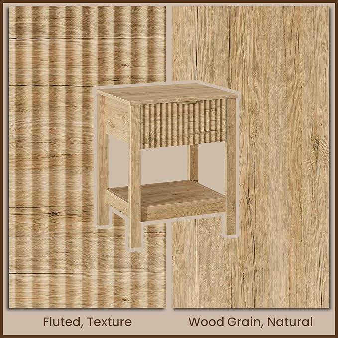 Fluted Night Stand with Golden Handle,Mid-Century Nightstands with Drawer,Modern Bedside Table with Storage Shelf,Large End Tables for Livingroom,Bed Side Tables for Bedroom,Natural Oak