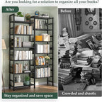 Homykic Double Wide Bamboo Bookshelf Black, 6-Tier Large Open Bookcase with 12 Display Shelves, 6ft Tall Freestanding Book Shelf for Home Office, Bedroom, Living Room, Plants