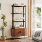 71" Tall Fluted Bookshelf with Sliding Tambour Doors, 4-Tier Mid Century Modern Metal Bookcase Cabinet w/Open Display Storage Shelf, Display Cabinet for Office, Living Room Walnut