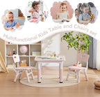 Kids Study Table and Chairs Set, Height Adjustable Toddler Table and Chair Set for Kids Ages 3-8, 23.6" L x 23.6" W Graffiti Desktop Plastic Children Art Table with 2 Seats, W-Pink