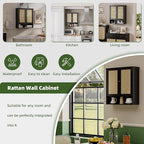 Bathroom Wall Cabinet, Bamboo Over-The-Toilet Storage Organizer with 2 Rattan Doors and Adjustable Shelf, Space Saver Medicine Cabinet for Laundry, Kitchen, Living Room (Black)
