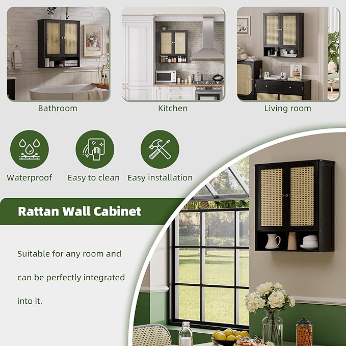 Bathroom Wall Cabinet, Bamboo Over-The-Toilet Storage Organizer with 2 Rattan Doors and Adjustable Shelf, Space Saver Medicine Cabinet for Laundry, Kitchen, Living Room (Black)