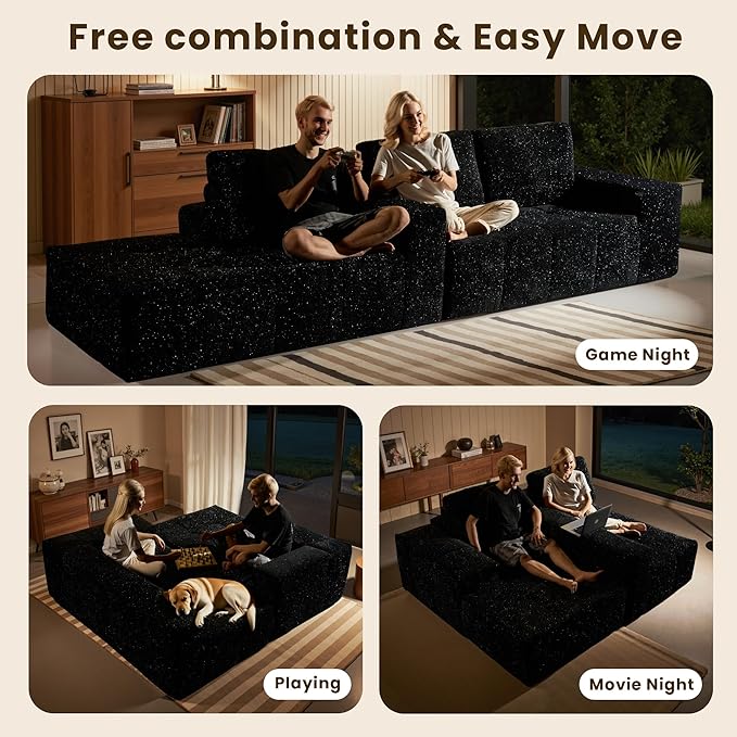 114" Glitter Cloud Sectional Couch with L-Shape Chaise, Modern Boneless Couches for Living Room, Fluffy Tufted Deep Seat Modular Sofa in a Box No Assembly