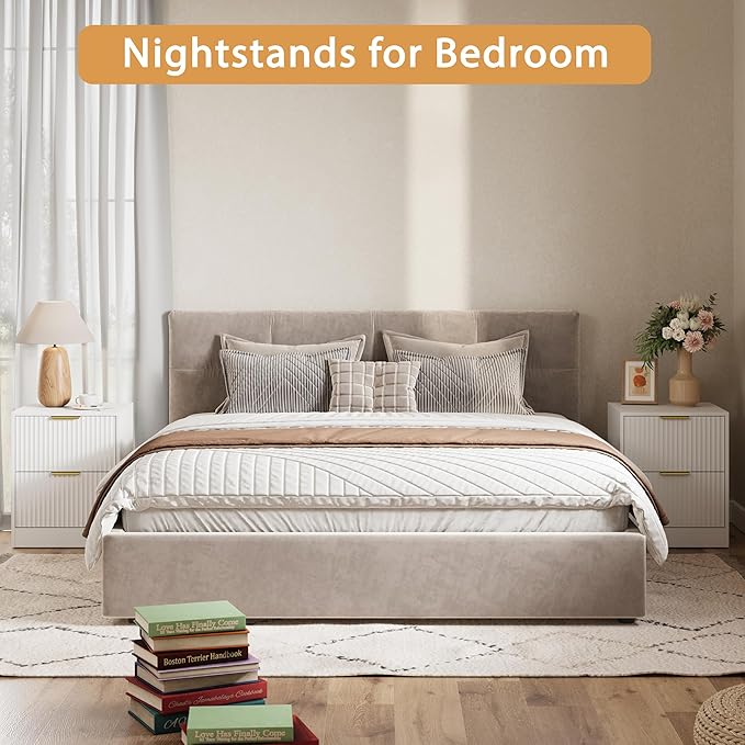 3-Piece Modern Bedroom Furniture Set, Wide 9-Drawer Dresser & 2-Drawer Nightstands Set of 2, Natural Wood Dresser and Nightstand Sets for Bedroom, Hallway, White