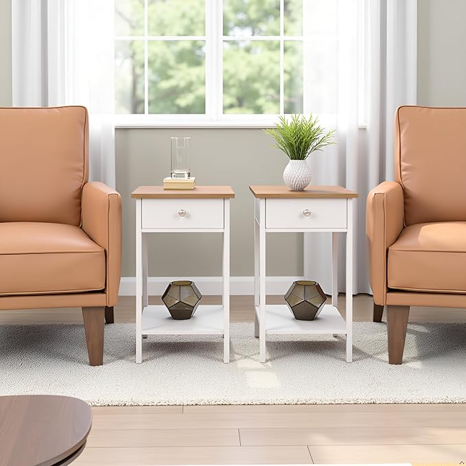 Side Table Set - Small Nightstand Set of 2 with Drawer and Open Storage Shelf - Traditional Style Bedroom or Living Room Furniture - Use as Bedside Tables or End Tables by Lavish Home (White)