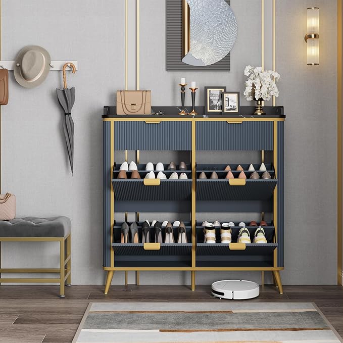 Fluted Shoe Storage Cabinet with 4 Flip Drawers & 2 Drawers, Freestanding Hidden Shoe Organizer with Adjustable Shelves, Wood Narrow Shoe Rack Cabinet for Entryway, Foyer, Hallway, Navy Blue