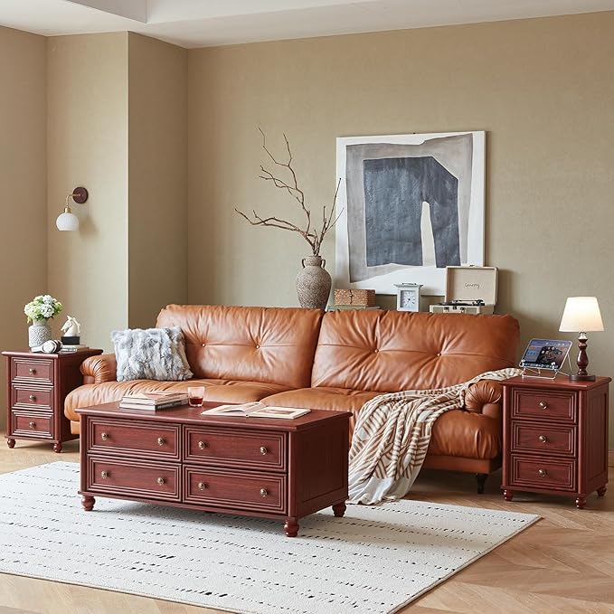 Farmhouse Dressers & Night Stand Set of 4, Wood 54" Wide 7 Drawer Dresser & 35" Tall Chest of Drawers, 18" Roman Column Nightstand Set of 2, Bedroom Furniture Dresser Sets for Home Living Room Hallway