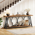 Tribesigns 2 Tiers Narrow Entryway Console Table, 71-Inch Long Industrial Wooden Sofa Table Behing The Couch with Storage Shelf and Metal Frame for Lving Room, Entrane, Hallway, Brown & Black