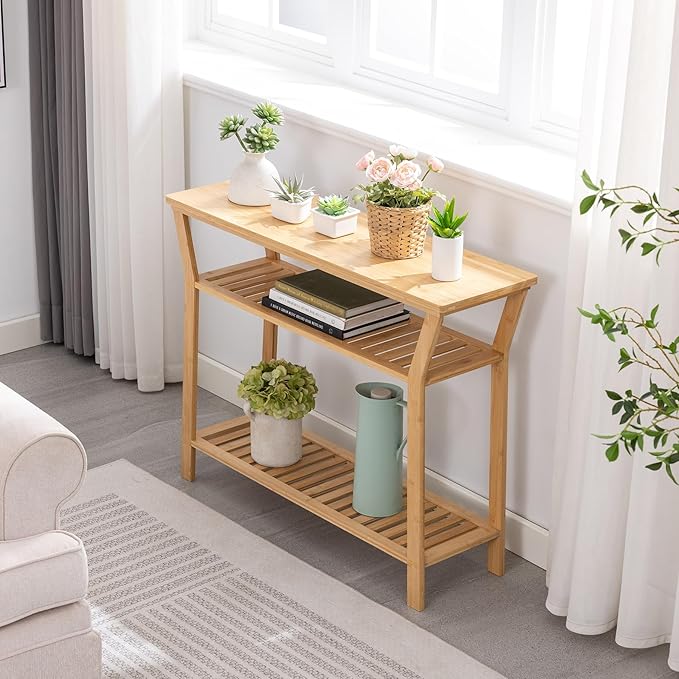 Nnewvante 38.6" Console Table, Bamboo Entryway Table with 3-Tier Storage Shelves, Narrow Sofa Table, Display Table for Entrance, Hallway, Living Room, Foyer