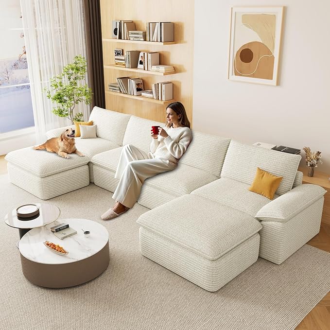 141.74" Sectional Couches for Living Room Modern Modular Sofa with U-Shape Couchs Upholstered Corduroy Boneless Couch Deep Seat Cloud Couch with Ottoman, No Assembly Required, White