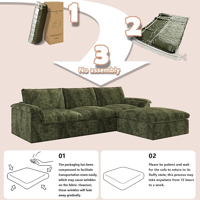 EASE MOOSE Oversized Sectional Cloud Couch for Living Room, L-Shape Modular Boneless Sofa, Cloud Sofa Set with Fluffy Foam, 4-Seat Deep Comfy Sofa with Ottoman for Bedroom Apartment, Chenille (Green)