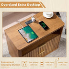 LEYAOYAO 31" Wide Fluted Nightstand Set of 2 with Charging Station, Oversized Extra Large 2 Drawers Night Stand,Brown Wood Bedside Table,Tall End Tables,Modern Chest of Drawers Dressers for Bedroom