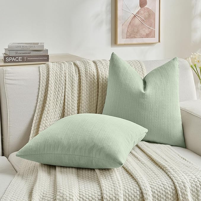 FUTEI Sage Green Decorative Throw Pillow Covers 24x24 Inch Set of 2,Soft Cozy Wheat Ear Striped Patterns European Cushion Cases,Modern Home Decor for Couch Bed Living Room