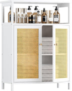 HITNET Bamboo Cabinet, Rattan Storage Cabinet with Doors, Freestanding Floor Cupboard for Bathroom, Living Room, Hallway, White