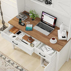 Farmhouse 47" Executive Computer Desk with 2 Drawers and Storage Cabinet, Home Office Desk with Hutch and Charging Station, Workspace for Work and Study (White&Brown).