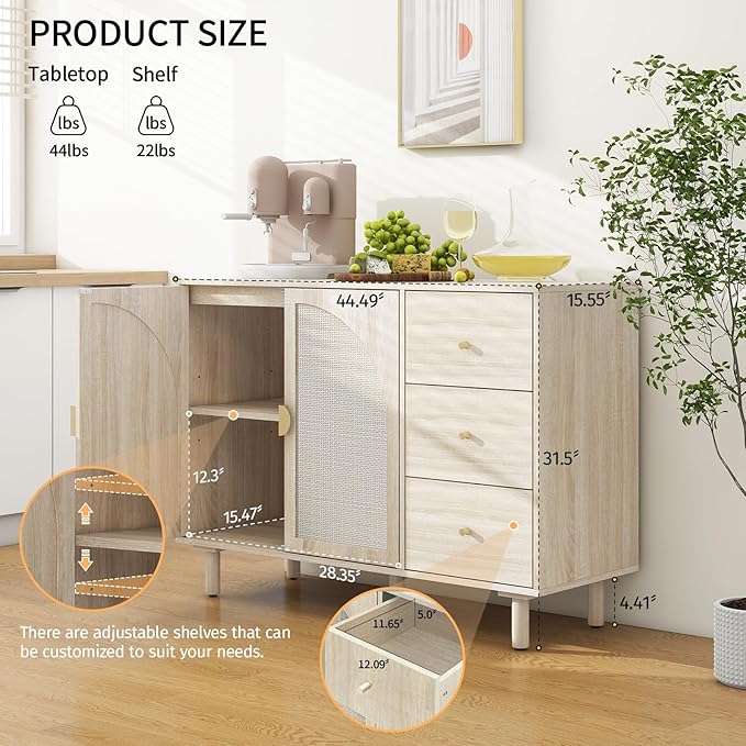 Beige Sideboard Cabinet with 2 Rattan Doors and 3 Drawers, Rattan Buffet Cabinet with Adjustable Shelves & Pine Legs, Boho Sideboard Buffet for Living Room, Kitchen, Entryway, Beige